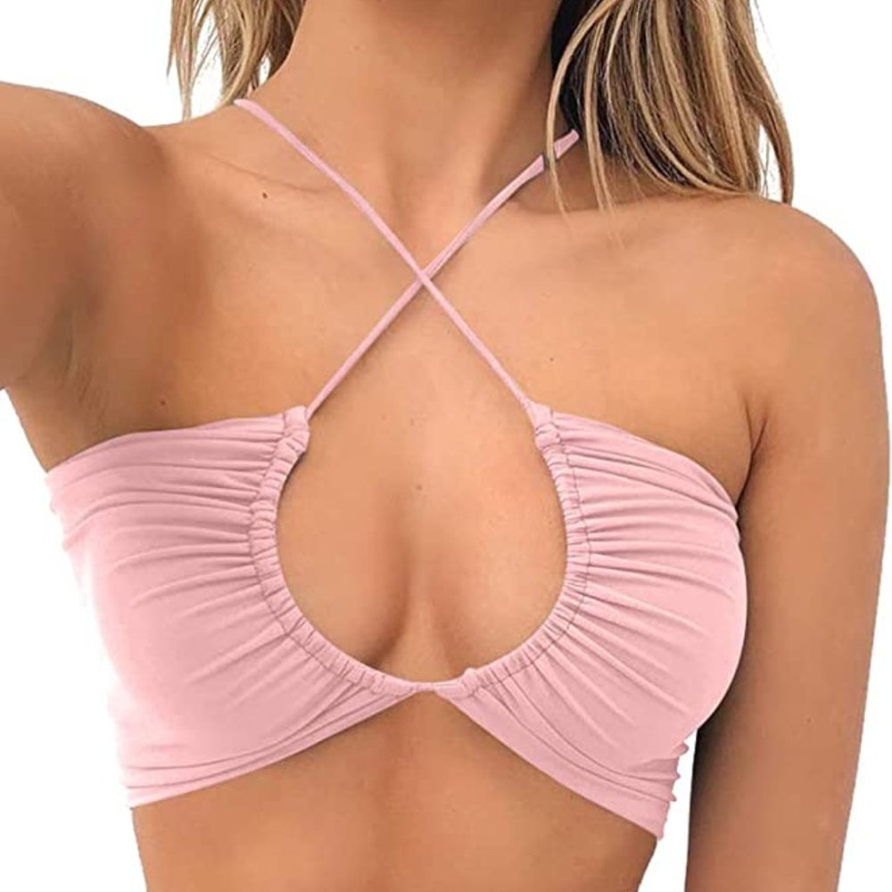 Women's Sexy Criss Cross Lace Up Sling Basic Bow Tie Crop Top